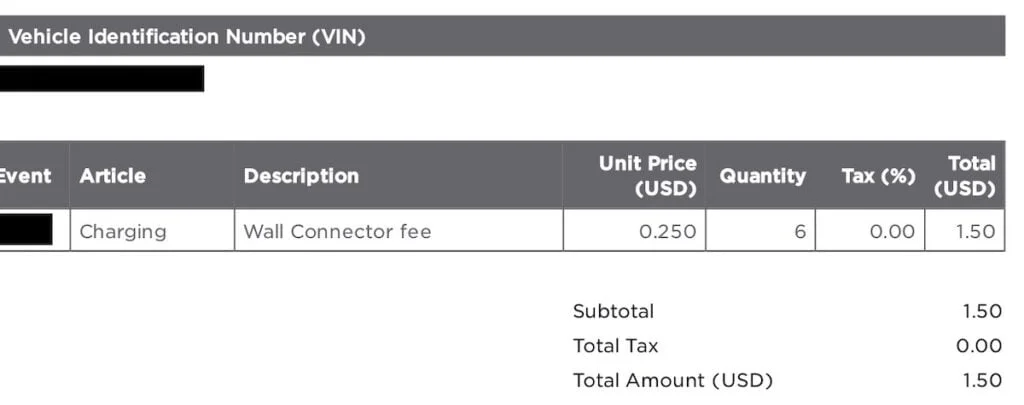 Tesla Wall Connector Fee Receipt