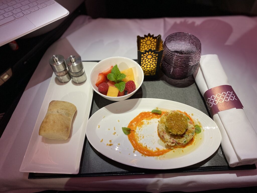 Qatar business class meal of crab cake