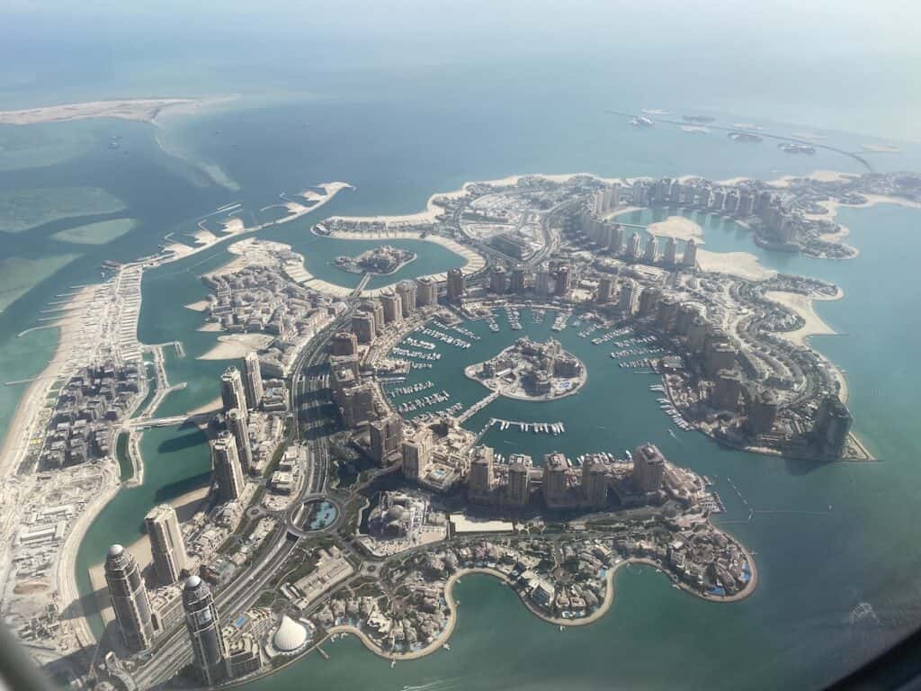 Airplane view of Doha City in Qatar.