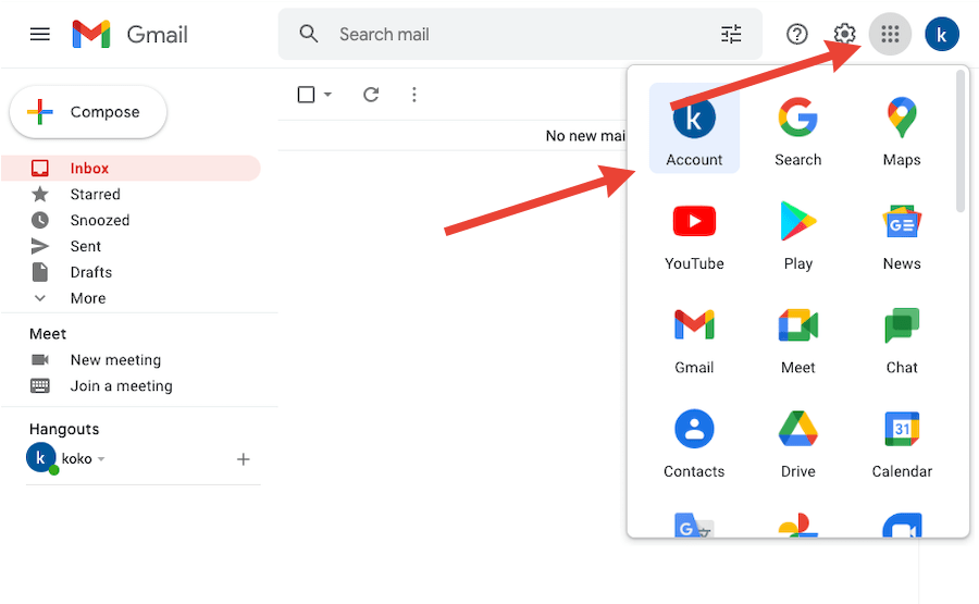 gmail accounts menu option