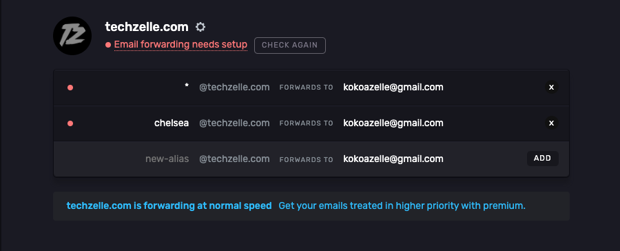 improvmx custom email address settings