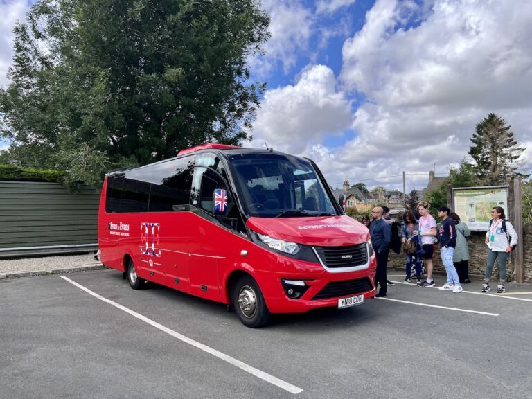 Evan Evans tour bus at Bourton-on-the-Water parking lot