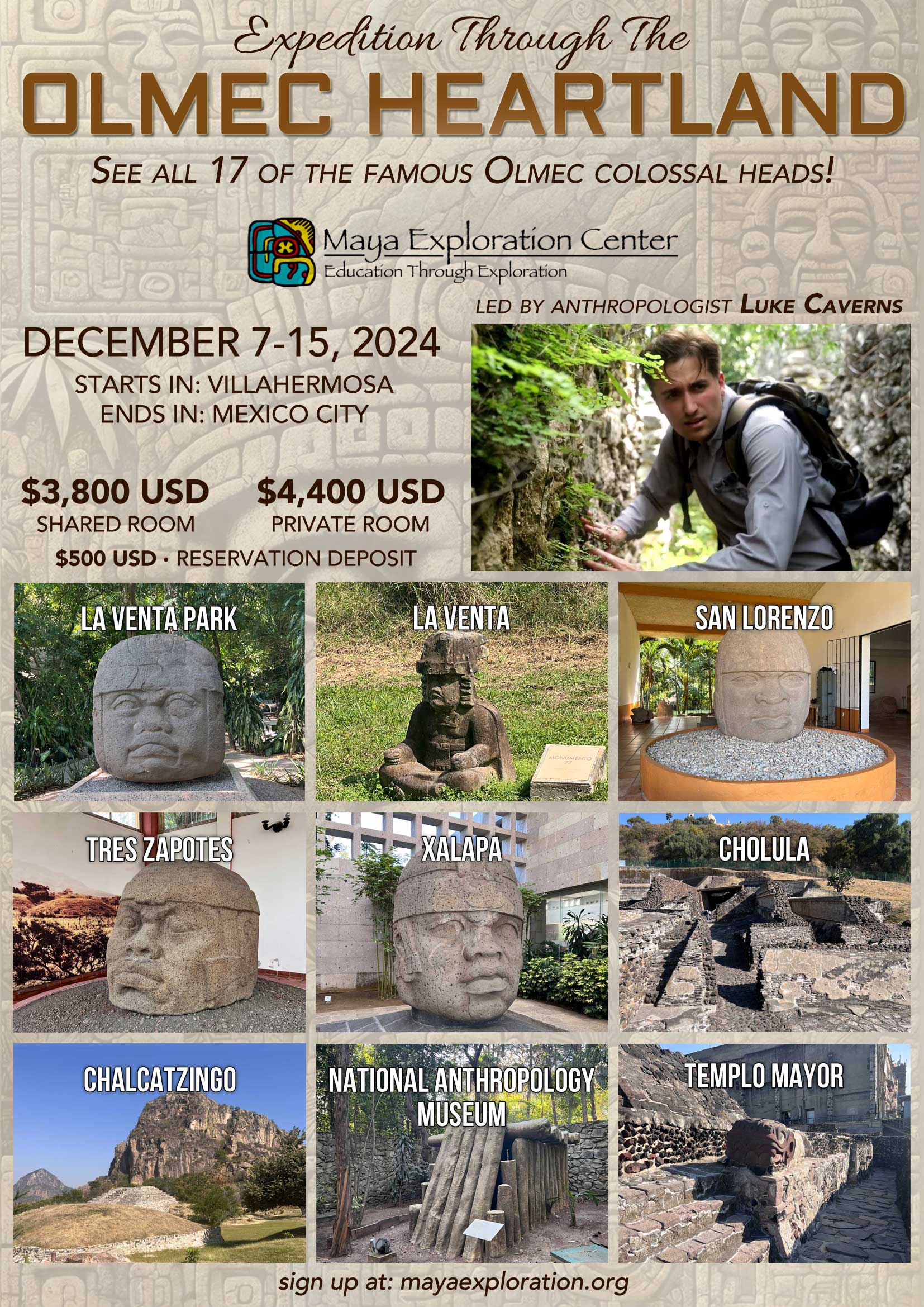 Maya Exploration Center flyer for the Expedition Through the Olmec Heartland tour with Luke Caverns