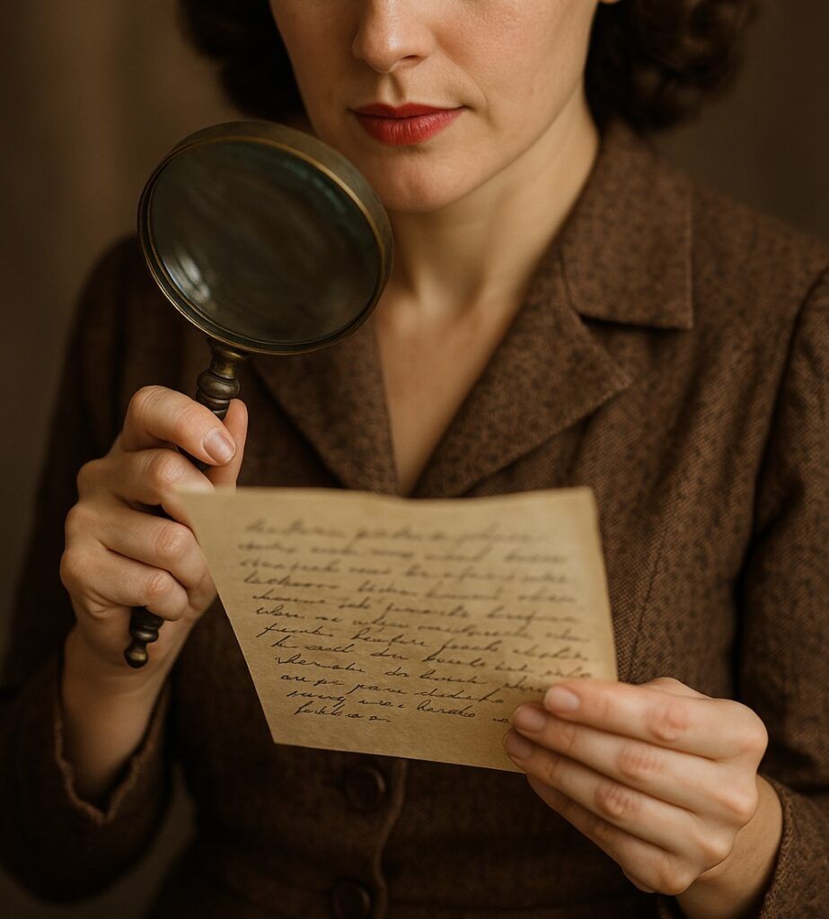 woman with magnifying glass reading a letter