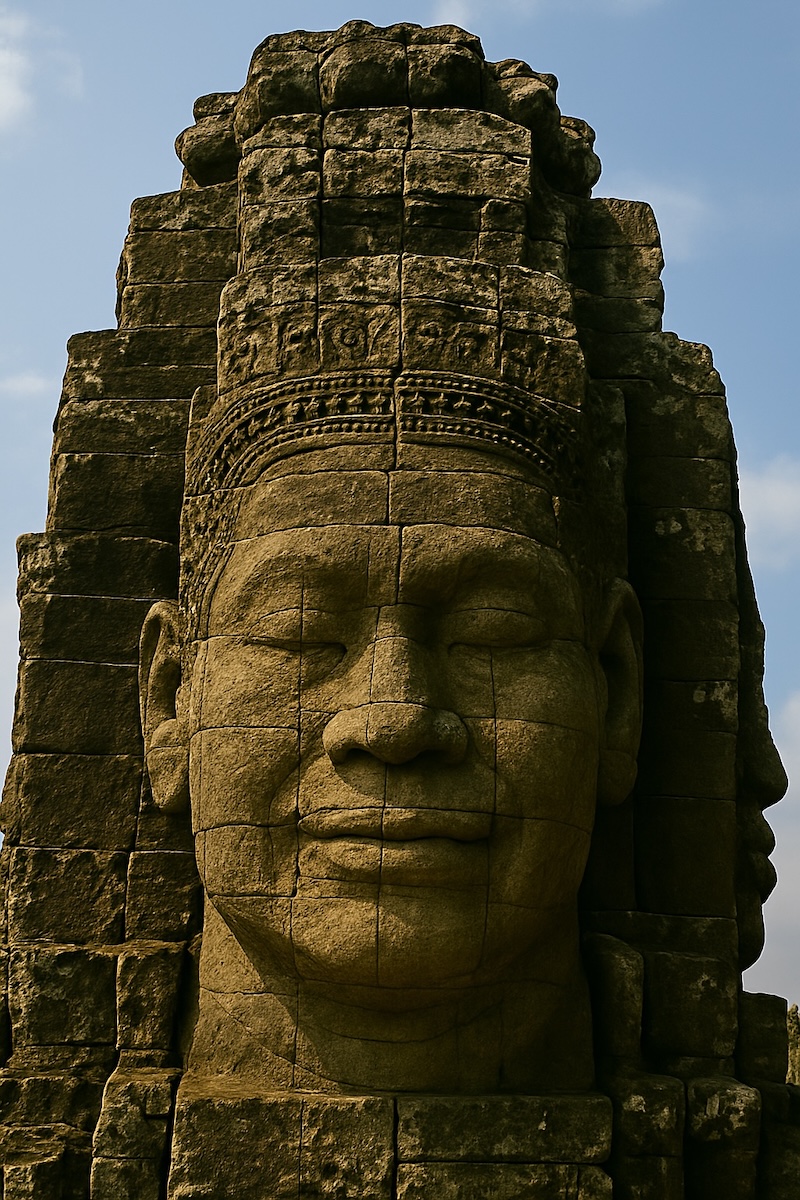My stone face at Bayon Temple in Cambodia, featuring serene closed eyes, a slight smile, and a detailed headdress, carved from weathered stone blocks under a blue sky.