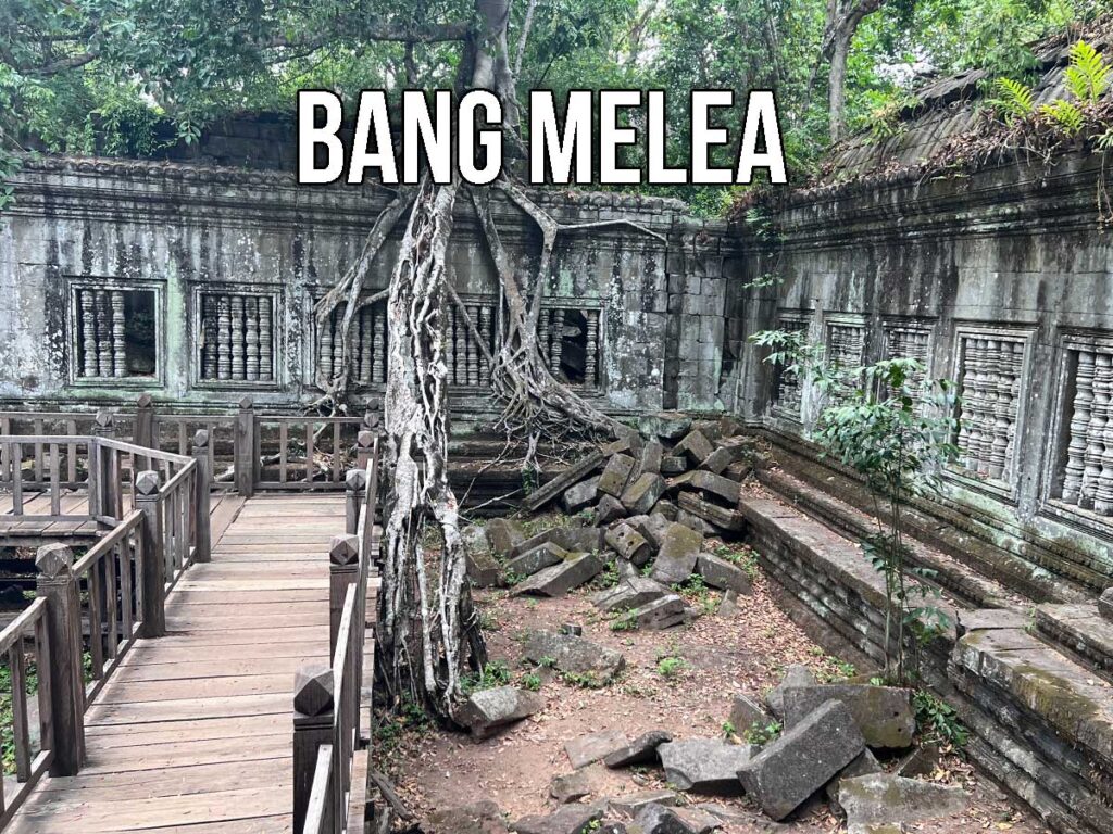 Tree roots spread over mossy stone walls and collapsed blocks at Beng Mealea, with a wooden walkway allowing visitors to explore the overgrown temple complex.