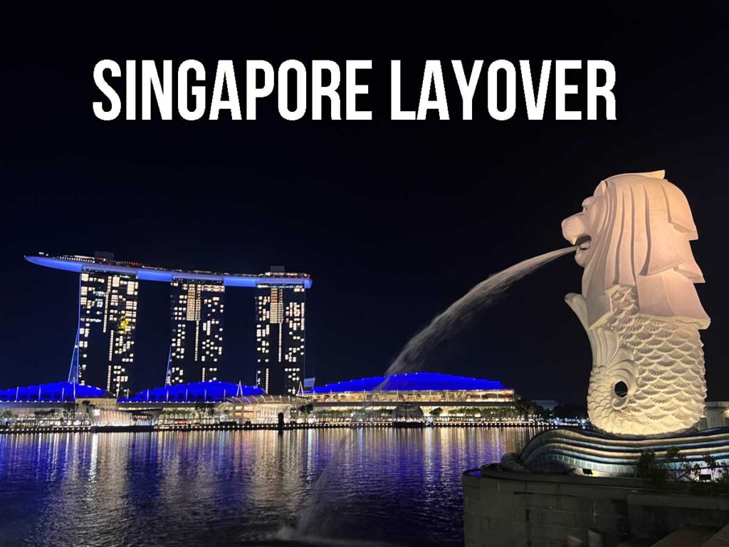 Nighttime view of Singapore’s Marina Bay Sands hotel and the Merlion statue with water spouting from its mouth, both illuminated against the city skyline.