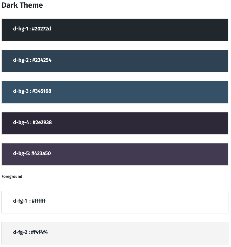 Divi 5 global style guide showing dark theme color palette with background variables d-bg-1 through d-bg-5 and foreground variables d-fg-1 and d-fg-2.