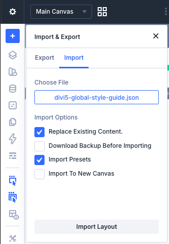 Divi 5 Import and Export panel showing JSON file divi5-global-style-guide.json selected with options to replace existing content and import presets.