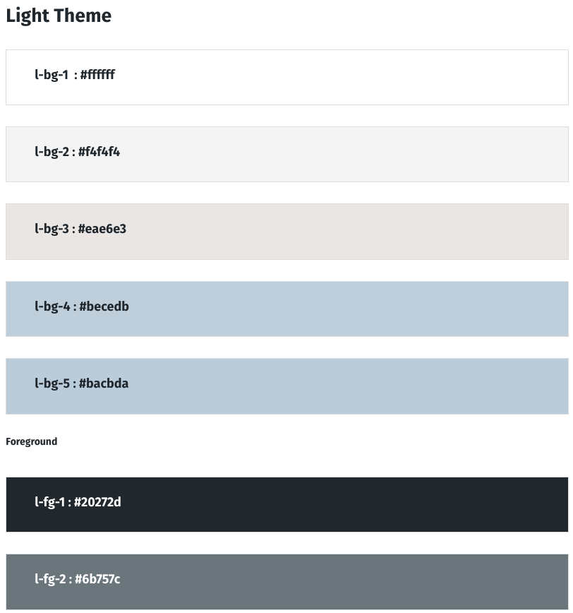 Divi 5 global style guide showing light theme color palette with background variables l-bg-1 through l-bg-5 and foreground variables l-fg-1 and l-fg-2.