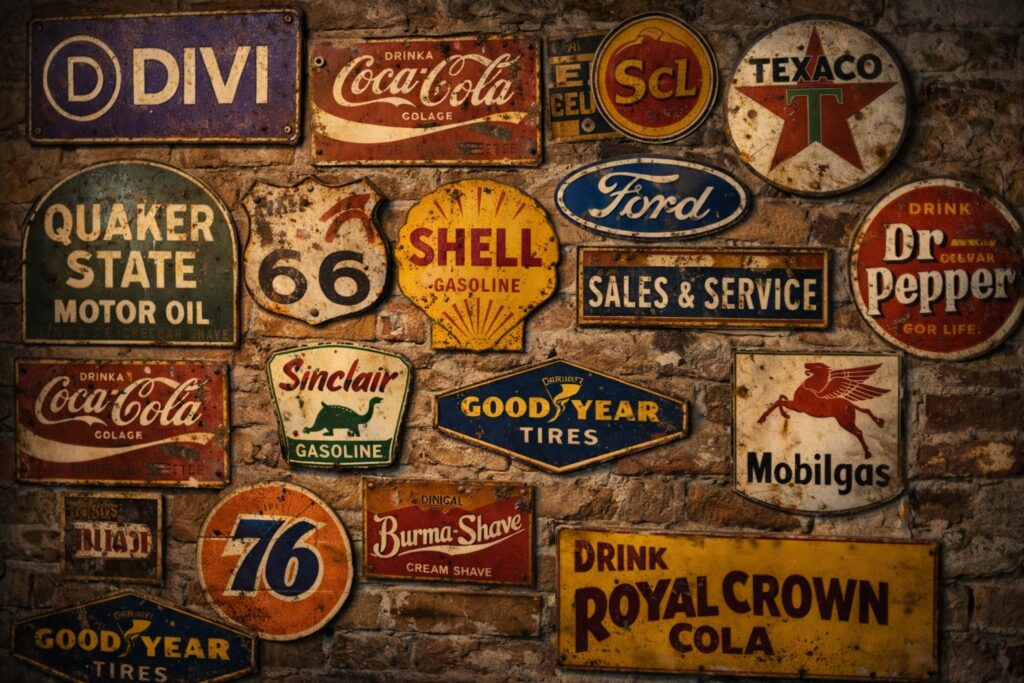 Wall of vintage 1940s enamel advertising signs including Shell, Texaco, Ford, Coca-Cola, Route 66, and a weathered purple license-plate style sign featuring the Divi logo.