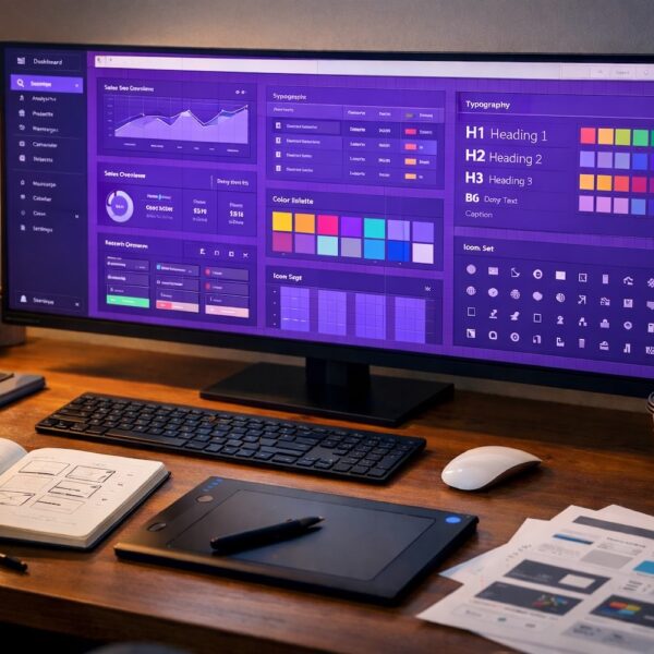 Graphic designer workspace with ultra-wide monitor displaying a colorful web UI dashboard design, typography styles, color palettes, and icon sets on a desk with tablet, keyboard, and sketches.