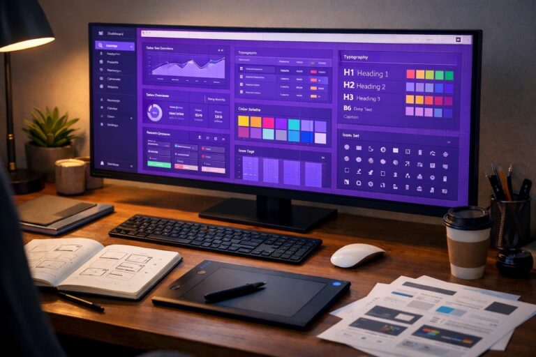 Graphic designer workspace with ultra-wide monitor displaying a colorful web UI dashboard design, typography styles, color palettes, and icon sets on a desk with tablet, keyboard, and sketches.