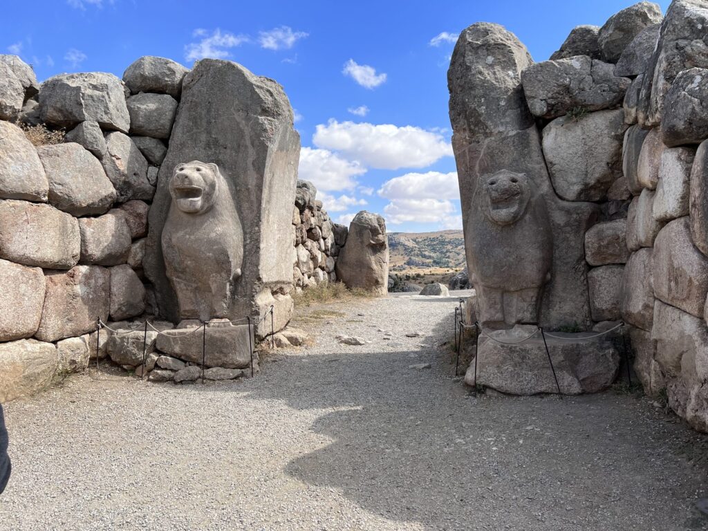 The Lion Gate at Hattusa with carved lions on both sides of the stone entrance
