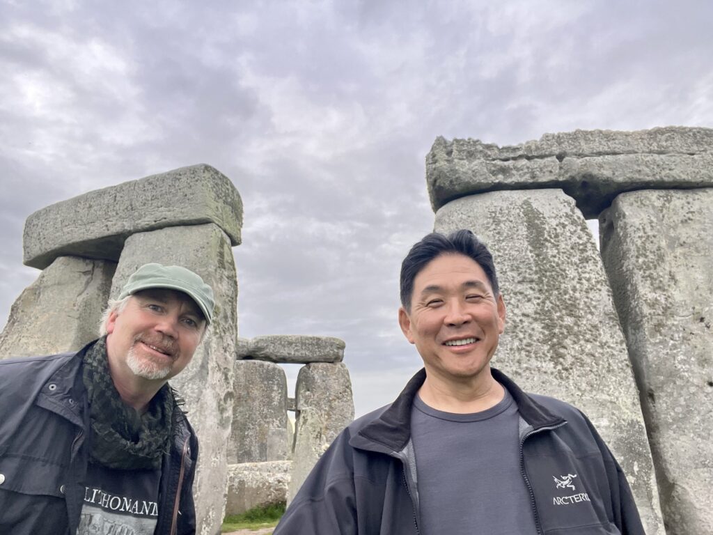 Hugh Newman of Megalithomania and the author inside the Stonehenge stone circle