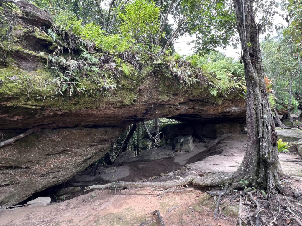 A huge natural rock overhang forming a shelter in the forest at Peung Tbal