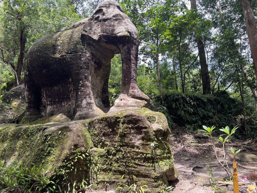 The life-size stone elephant carving at Srah Damrei, the Elephant Pond, on Phnom Kulen
