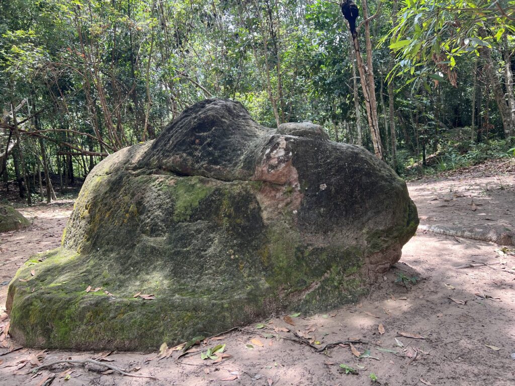 A moss-covered boulder carved in the shape of a frog at Srah Damrei