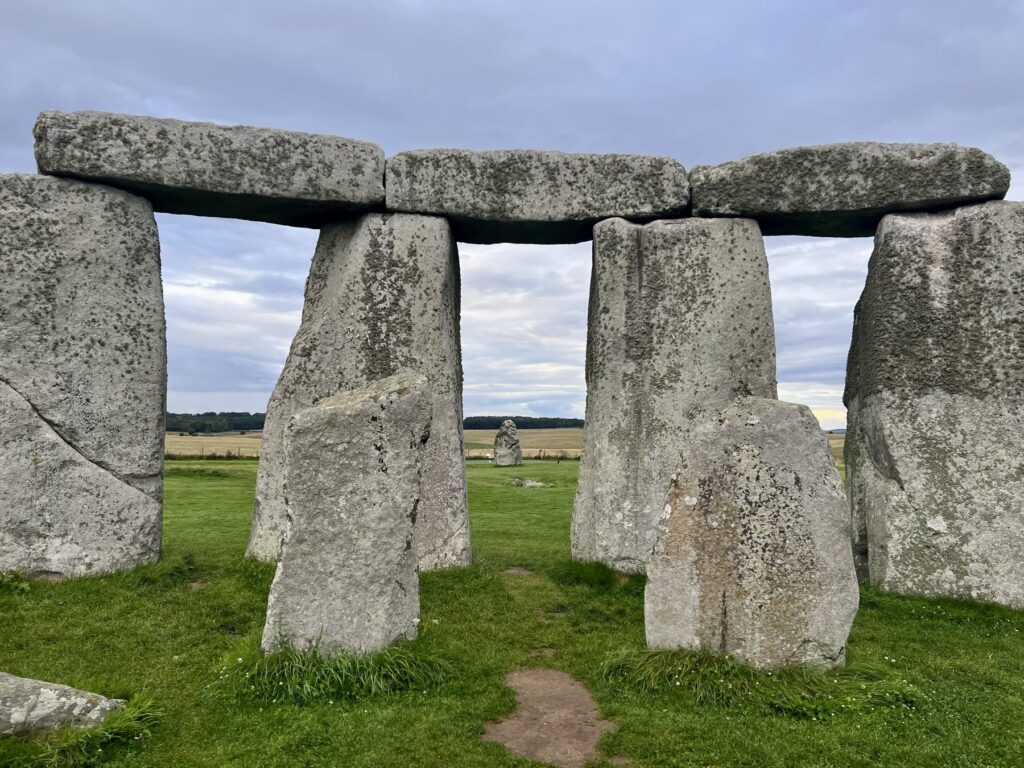 Sarsen trilithons seen from inside the Stonehenge stone circle during private access