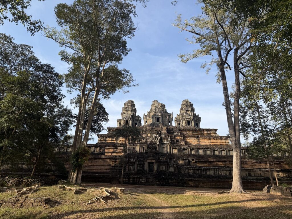 Ta Keo temple pyramid at Angkor framed by tall trees in late afternoon light